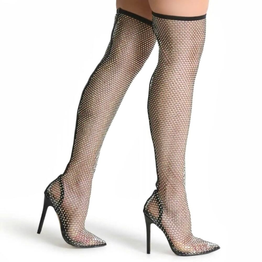 EGO Anna Multi Color Diamonte Fishnet Thigh High Boots